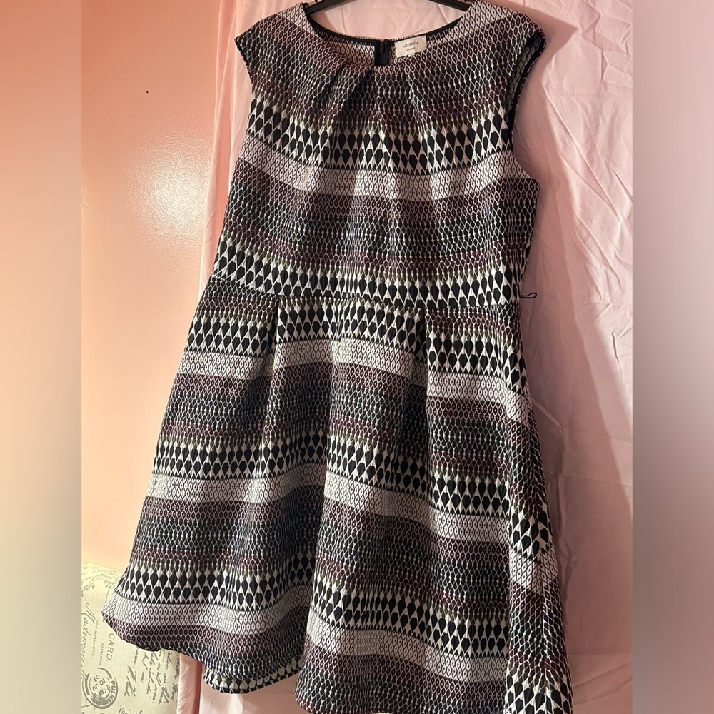 Elegant Multi Color Patterned Dress With Pleated Neckline